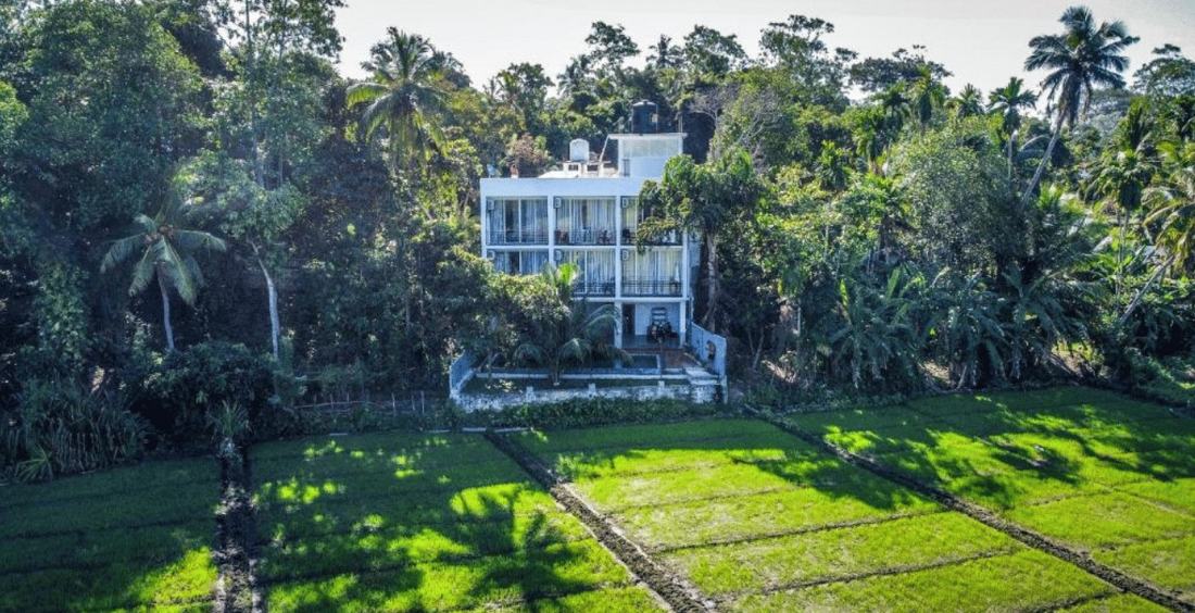 The training villa surrounded by palms and green fields